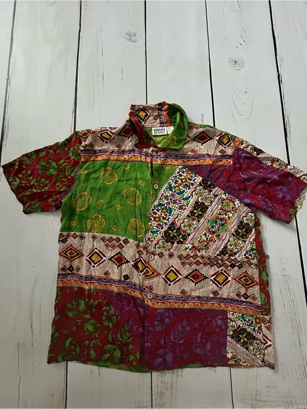 Chico's Patchwork Short-Sleeve Button-Up Shirt in Green & Red